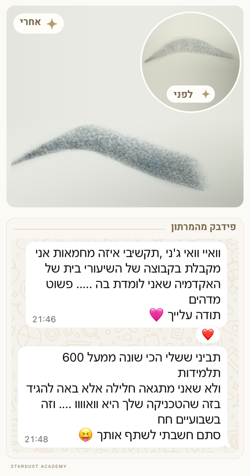 עבודת לפני ואחרי עם פידבק של תלמידה מהמרתון