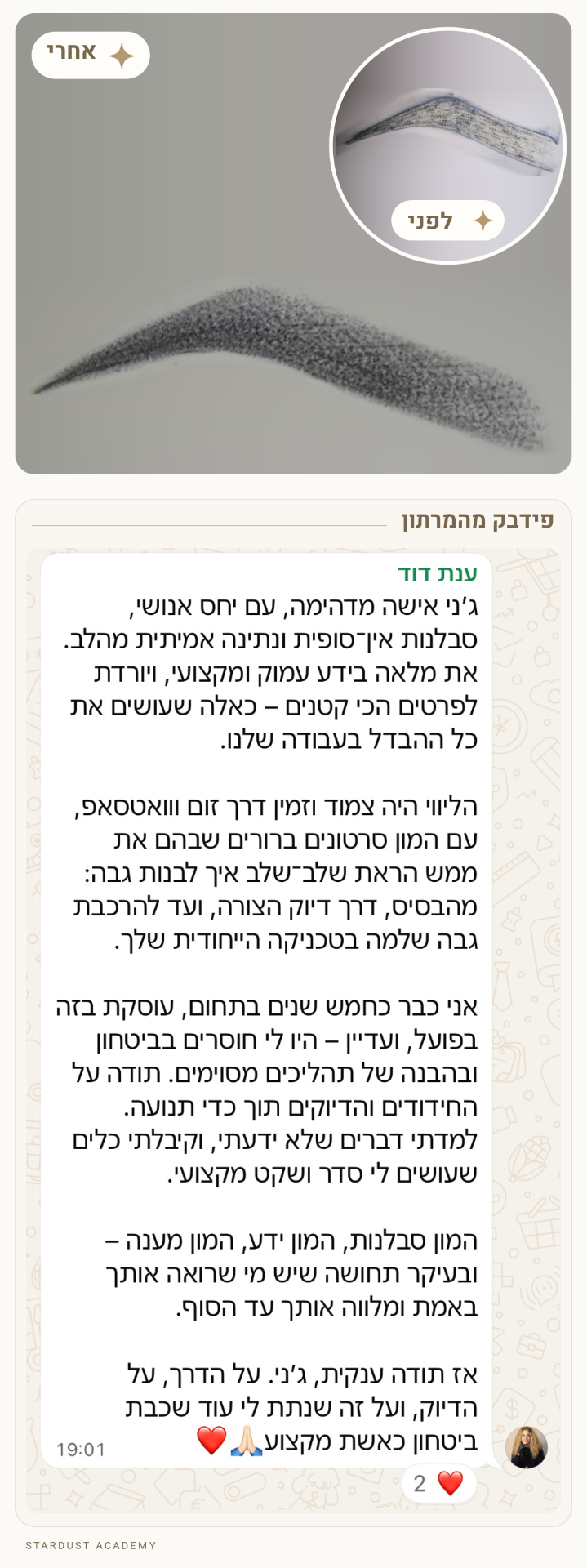 עבודת לפני ואחרי עם פידבק של תלמידה מהמרתון