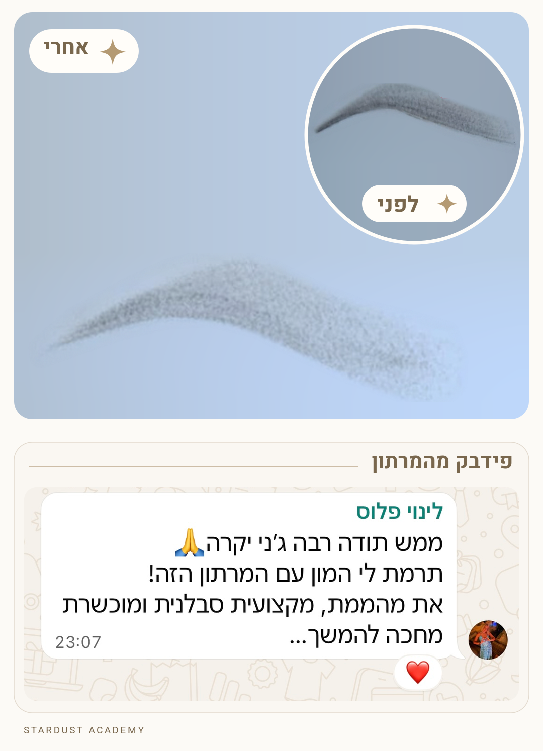 עבודת לפני ואחרי עם פידבק של תלמידה מהמרתון