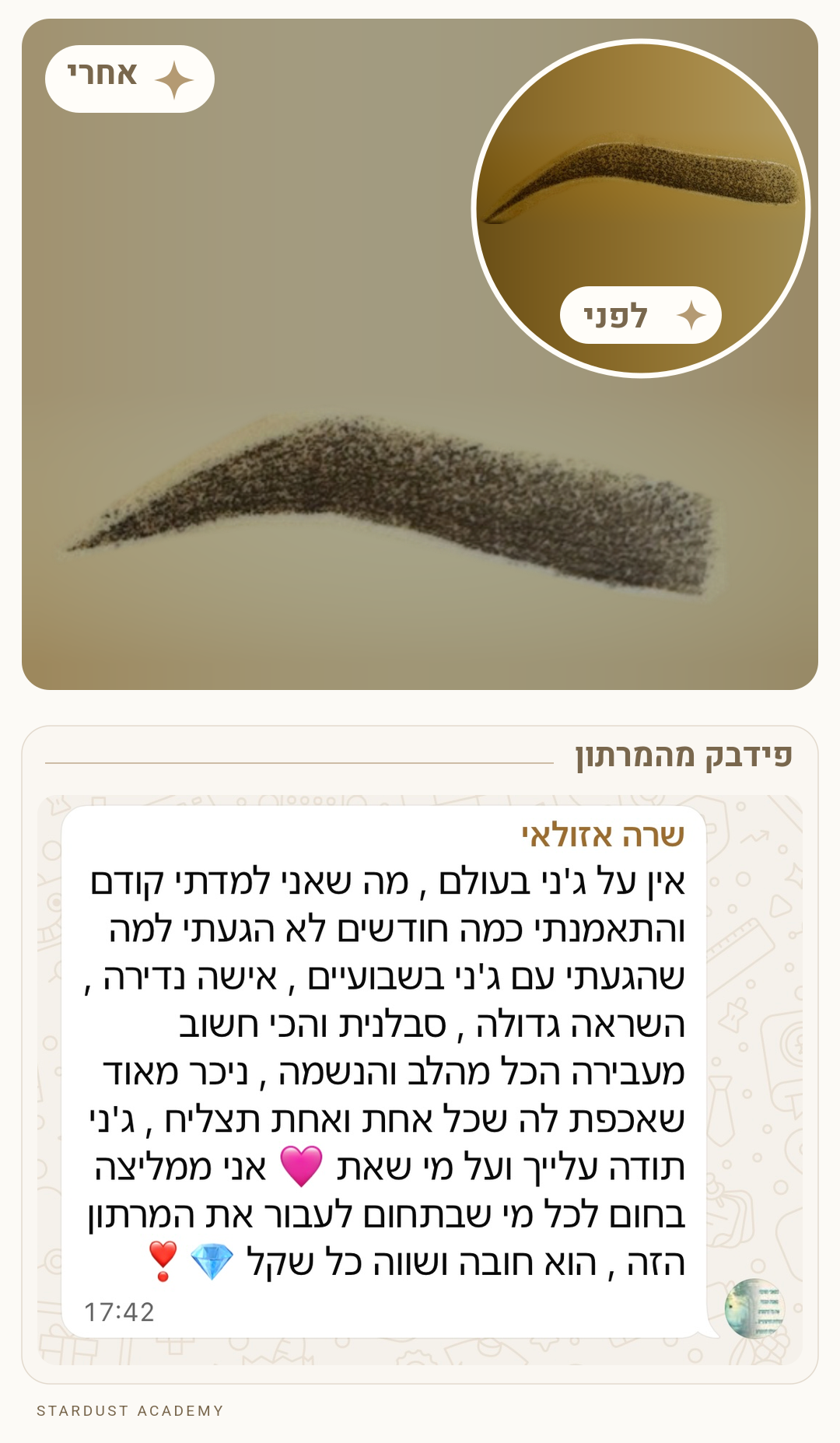 עבודת לפני ואחרי עם פידבק של תלמידה מהמרתון