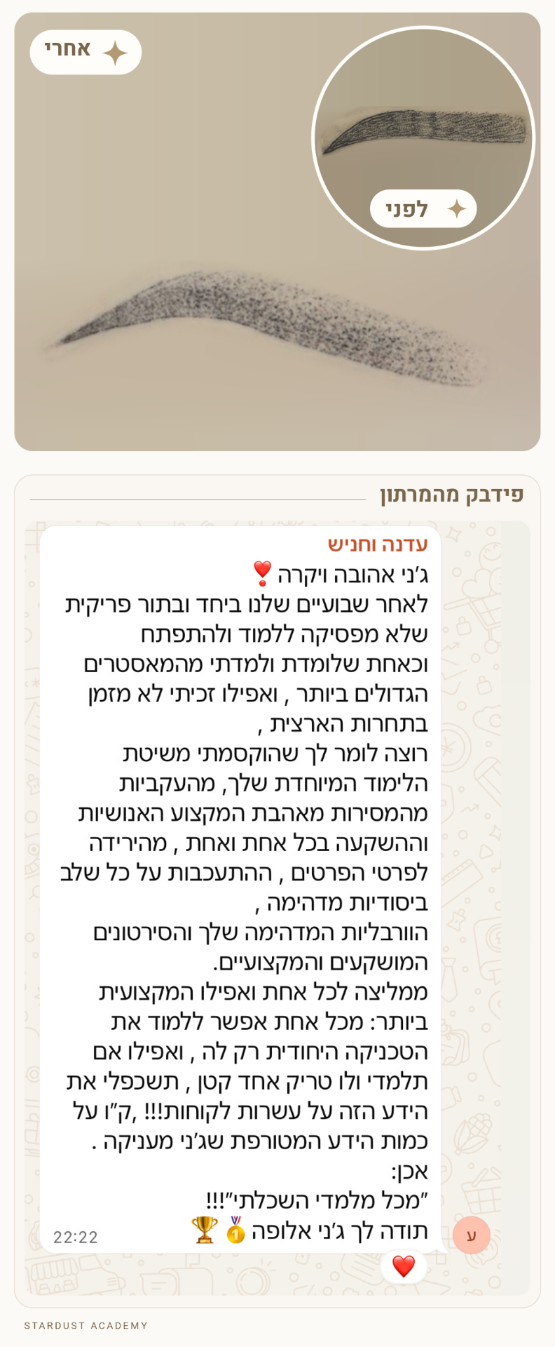 עבודת לפני ואחרי עם פידבק של תלמידה מהמרתון